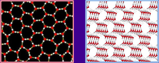 Amorphous (left) and crystalline (right) water ice.
